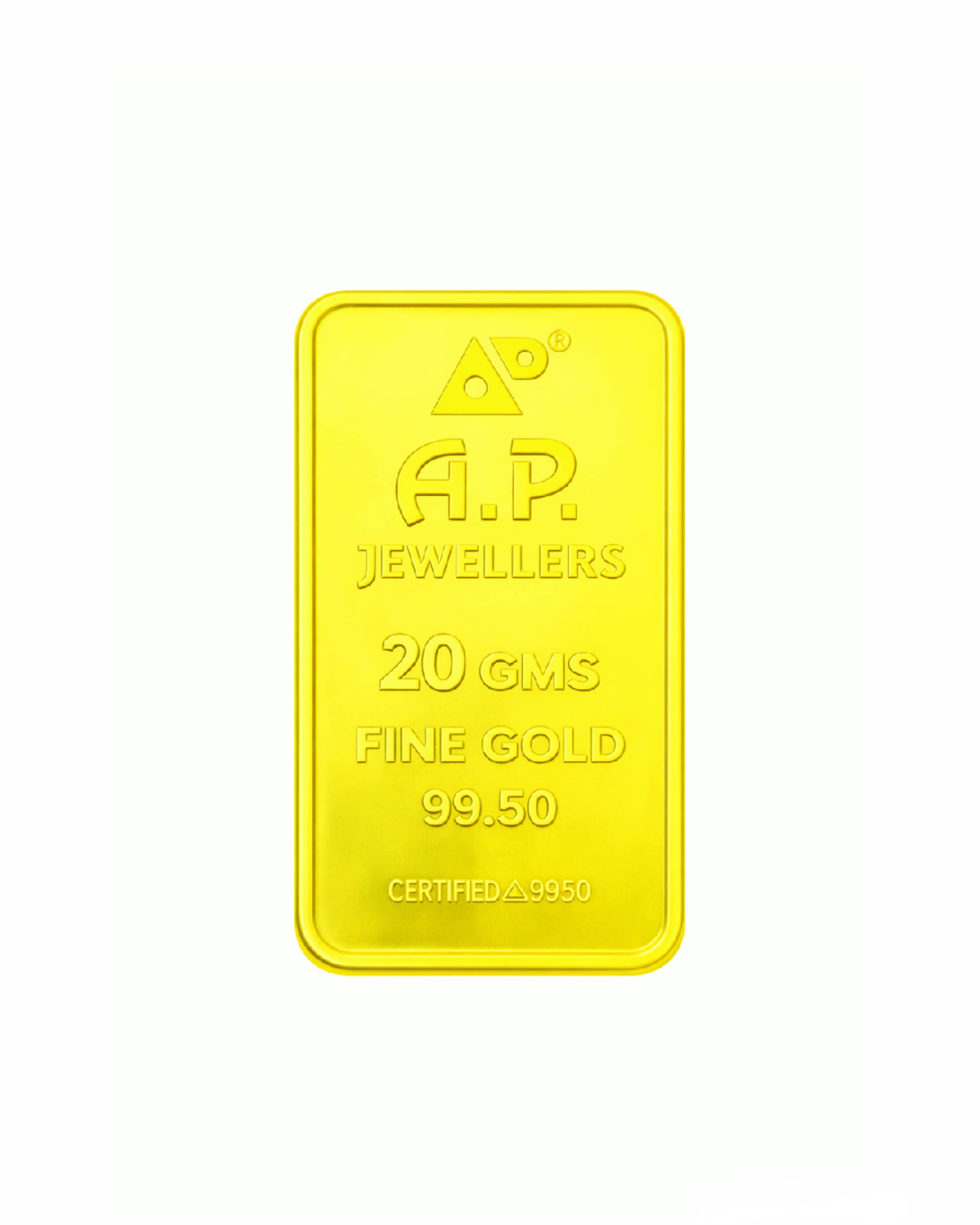 AP Jewellers 20 gram fine gold bar with embossed AP monogram