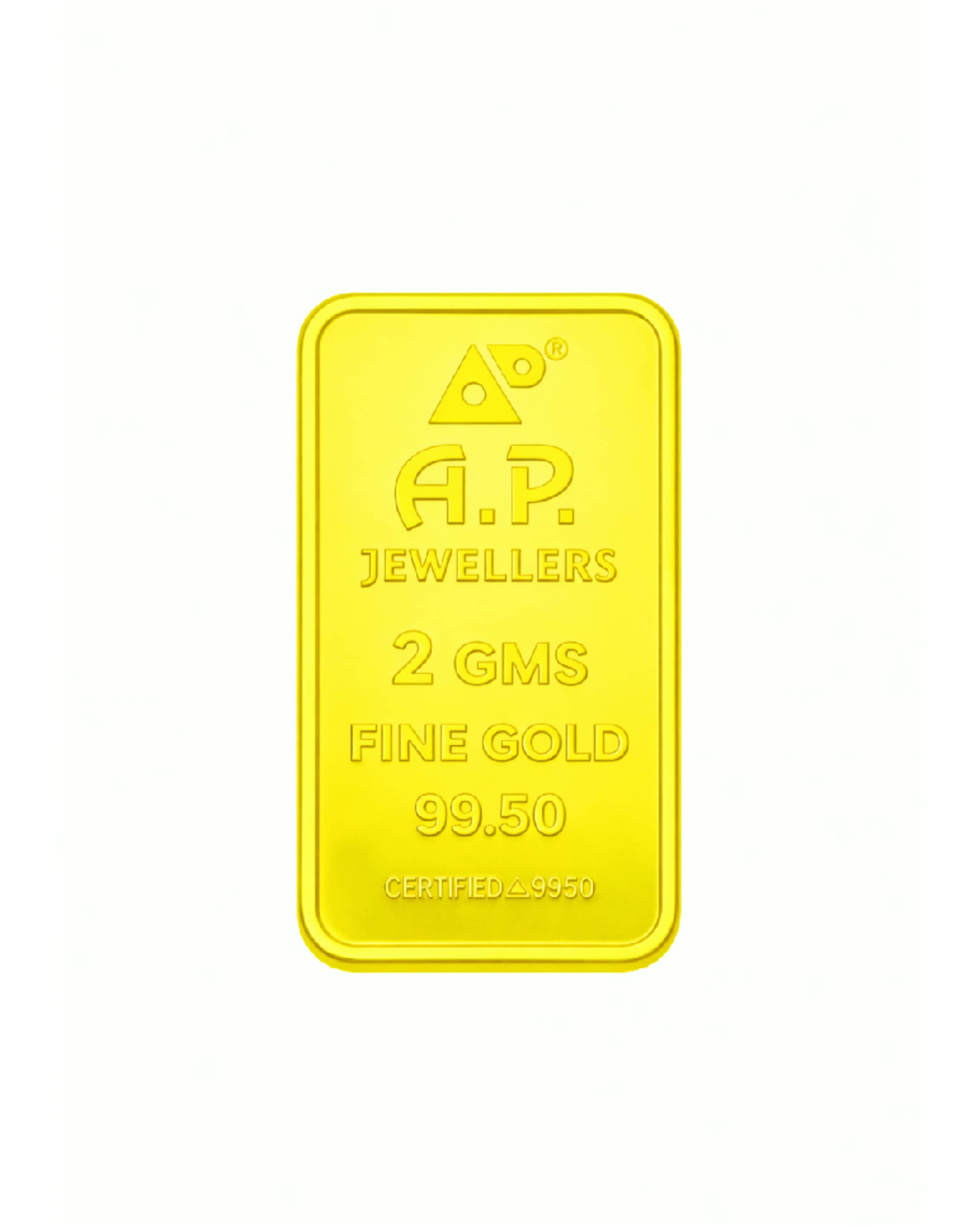 AP Jewellers 2 gram fine gold bar with embossed AP monogram